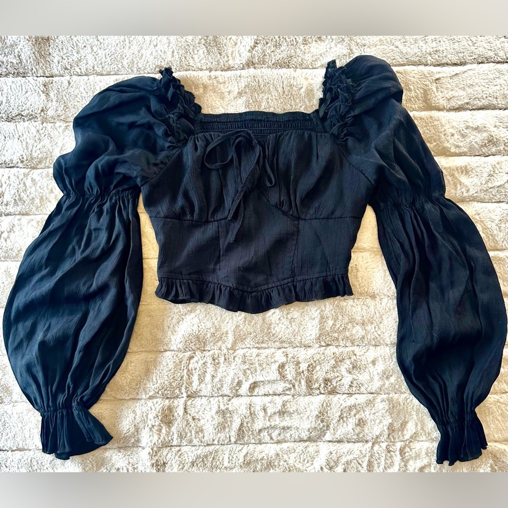 Peasant Sleeve Black Festival Smocked Crop Top, Small